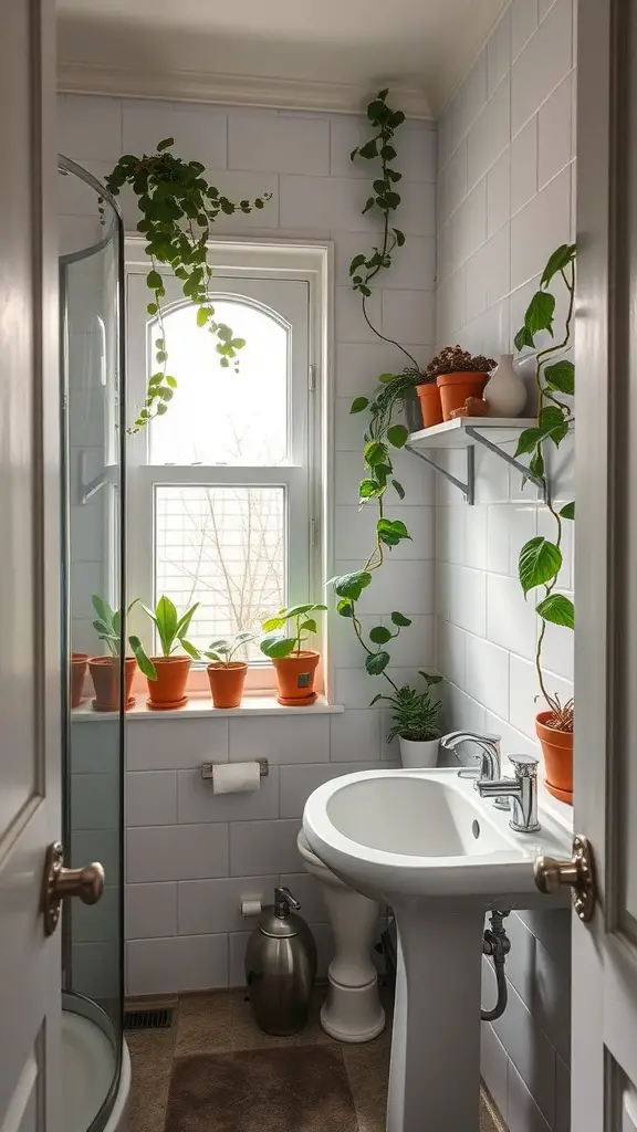 19 Stylish Small Main Bathroom Ideas to Maximize Space 16 A small bathroom with various green plants on the window sill and shelves, creating a lively atmosphere.