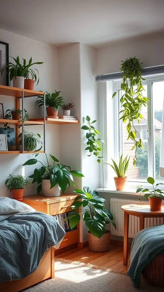 19 Creative Dorm Layout Ideas to Maximize Your Space 9 A cozy dorm room with various indoor plants, showcasing a lively atmosphere.