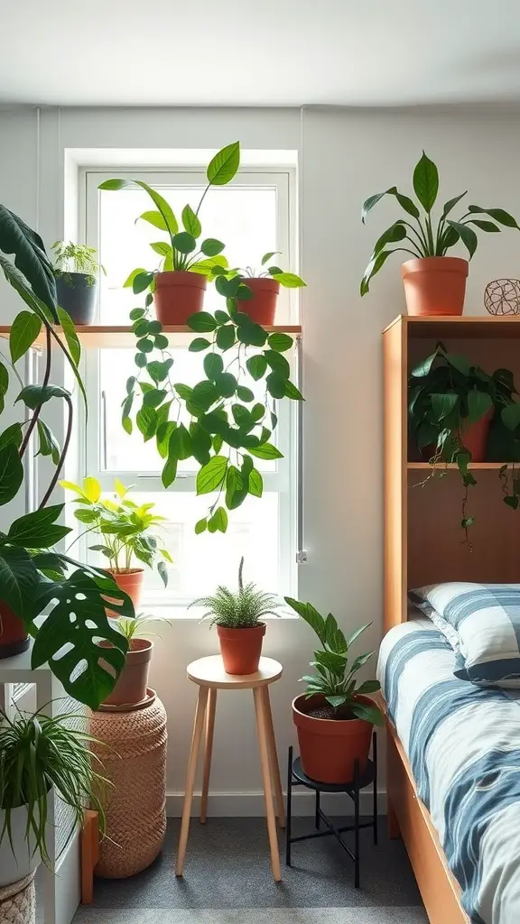 21 Creative Dorm Room Inspiration Ideas for College Students 10 A bright dorm room filled with various potted plants near a window, creating a natural and inviting atmosphere.