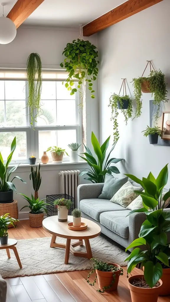 21 Cozy Living Room Ideas for Small Apartment Spaces 16 A cozy living room with various plants, including hanging and potted varieties, enhancing the space's freshness.