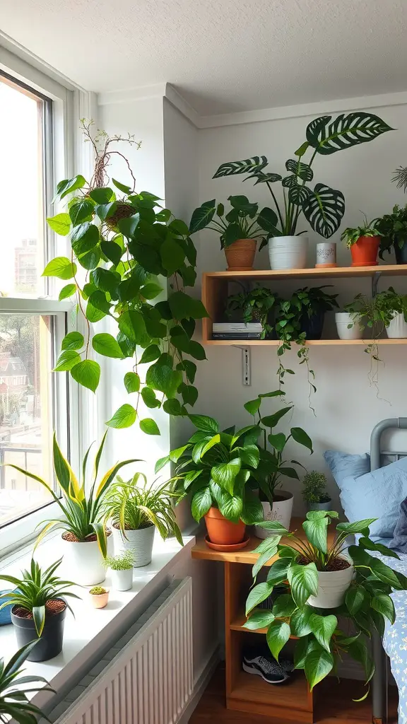 17 Creative Single Dorm Room Ideas You’ll Love 10 A cozy dorm room corner filled with various plants on a windowsill and shelf.