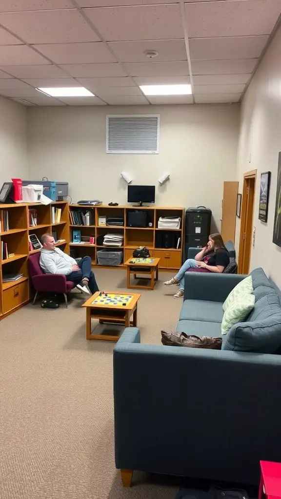 19 Creative Dorm Layout Ideas to Maximize Your Space 13 A cozy dorm lounge area with seating and tables, perfect for socializing.