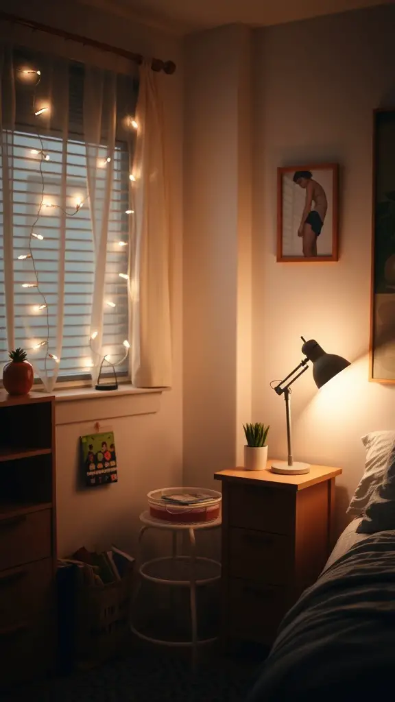 19 Creative Small Dorm Room Ideas to Maximize Your Space 4 A cozy small dorm room featuring string lights, a bedside lamp, and a warm inviting atmosphere.