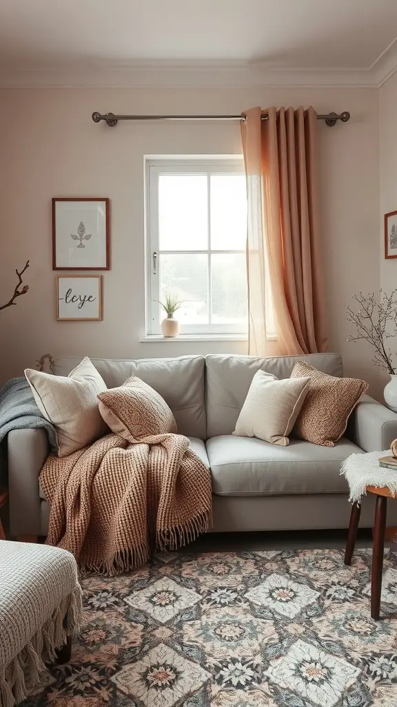 19 Cozy Small Living Room Ideas You’ll Love 7 Cozy small living room with soft textiles, including a sofa with pillows and a knitted throw.