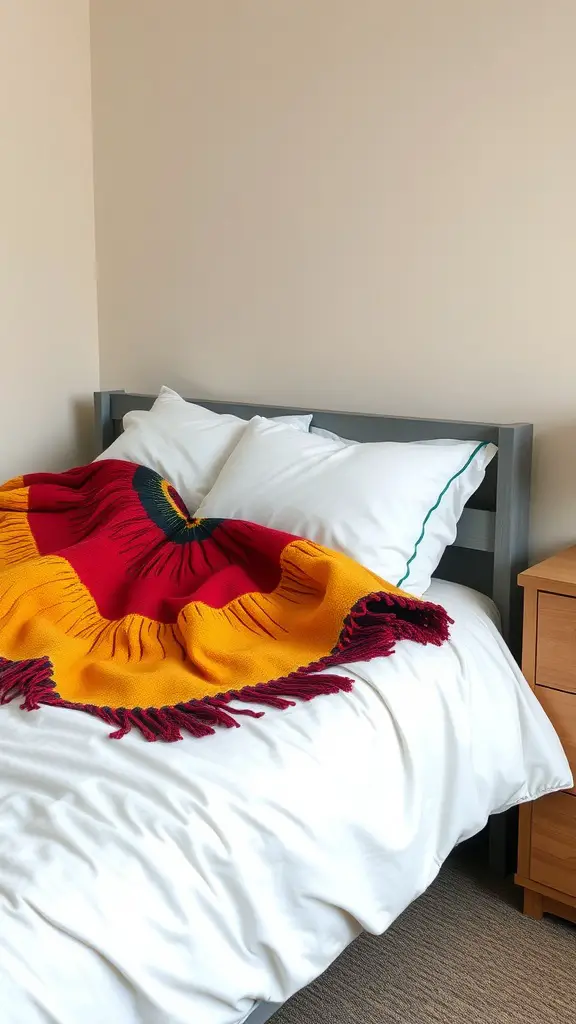 23 Trendy Dorm Bedding Ideas for a Stylish Space 17 A cozy bed with a vibrant throw blanket on top of white bedding.