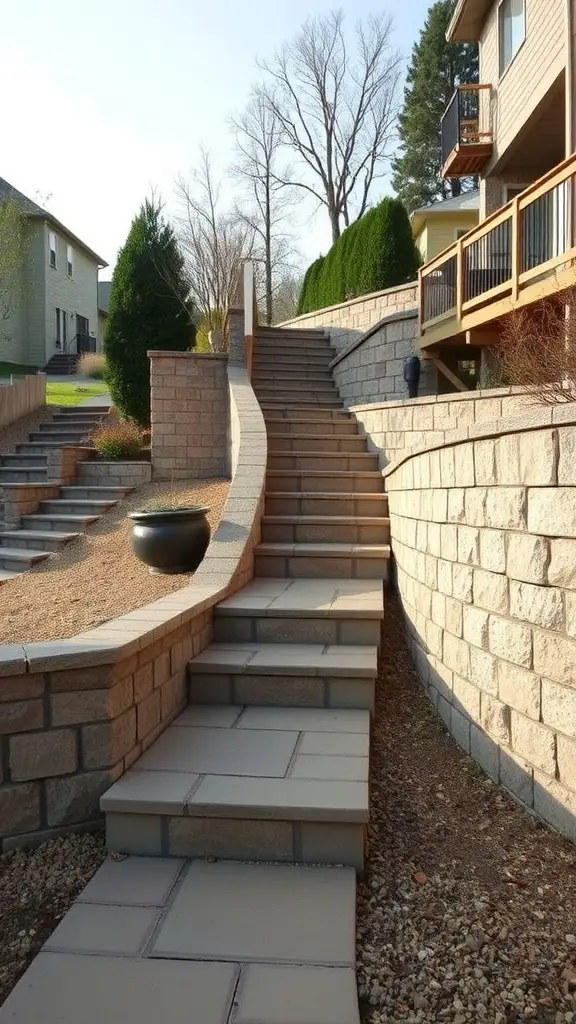 23 Inspiring Retaining Wall Steps for Your Sloped Backyard 16 Steps leading up a sloped backyard with greenery and a wall
