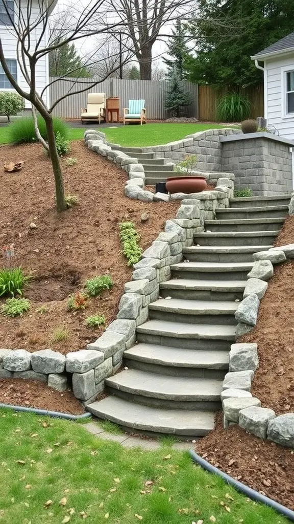 23 Inspiring Retaining Wall Steps for Your Sloped Backyard 4 Stone steps in a sloped backyard leading to a landscaped area.