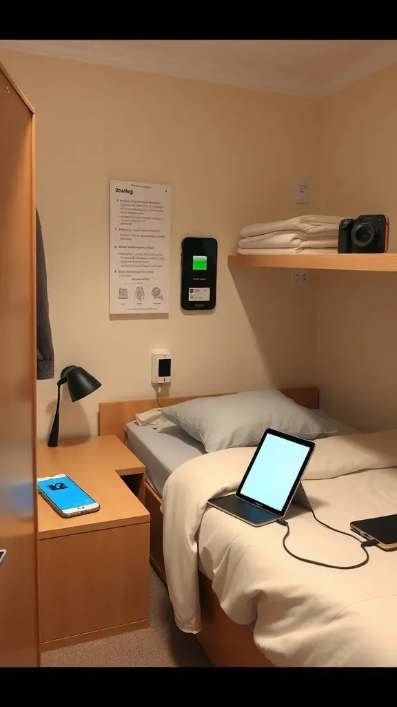 19 Creative Small Dorm Room Ideas to Maximize Your Space 15 A small dorm room featuring a bed, desk, laptop, smartphone, and desk lamp.