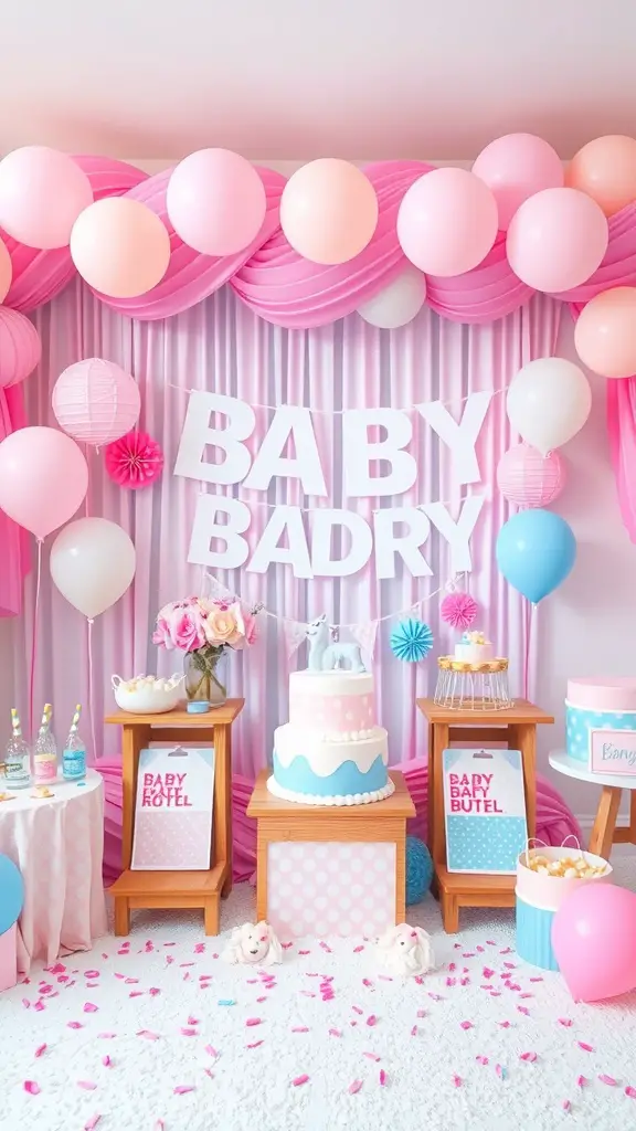 29 Creative Baby Shower Ideas for May Celebrations 15 A vibrant baby shower setup with pink and blue decorations, balloons, and a beautifully designed cake.