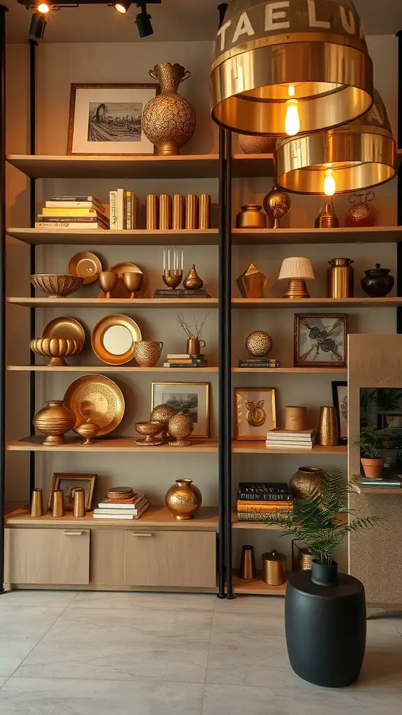 A stylish shelf displaying various warm metal decor items in a cozy apartment setting.