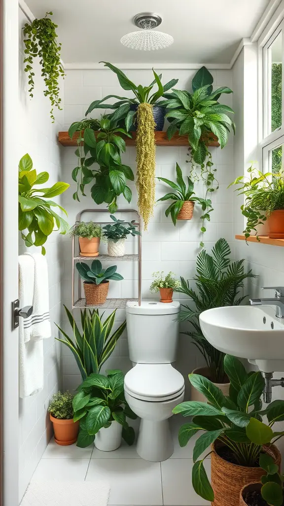 21 Timeless Bathroom Ideas to Transform Your Space 14 A bathroom filled with various indoor plants, showcasing a mix of hanging and potted greenery around the toilet and sink.