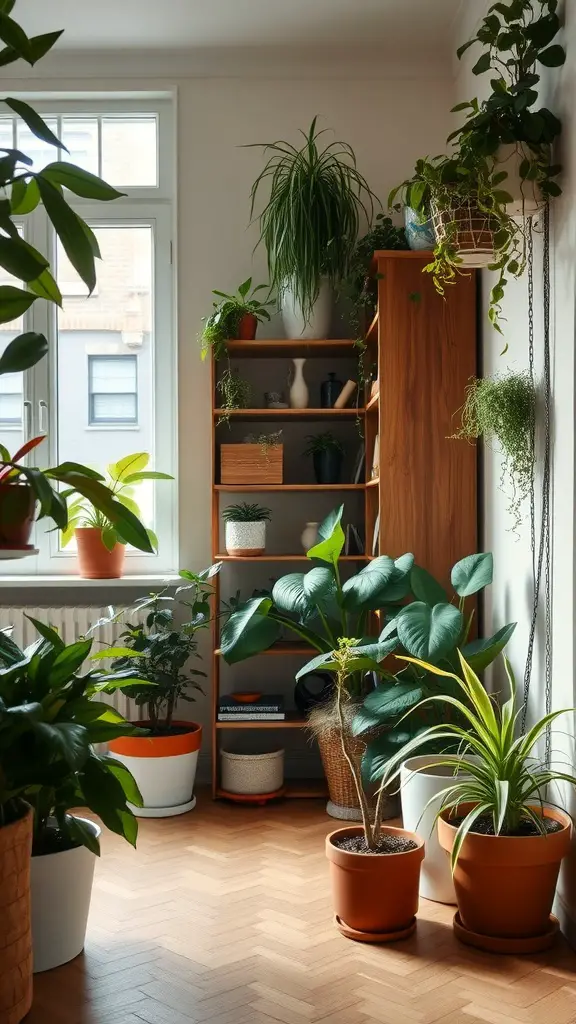 A cozy corner filled with various indoor plants in stylish pots, creating a warm and inviting atmosphere.