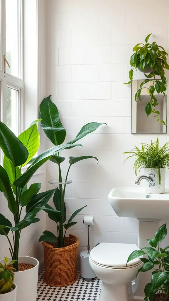 17 Cozy Bathroom Ideas for a Relaxing Retreat 8 A cozy bathroom featuring indoor plants, including large green leaves and a hanging plant, creating a fresh atmosphere.