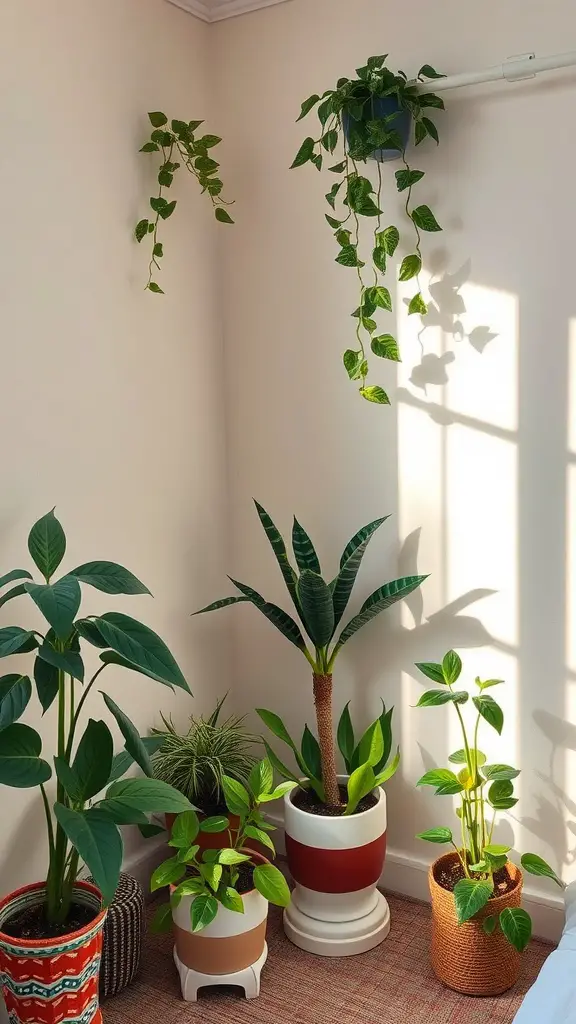 19 Cozy Dorm Room Aesthetic Ideas to Transform Your Space 5 A cozy corner of a room featuring various indoor plants in pots, including hanging plants and a mix of leafy greens.