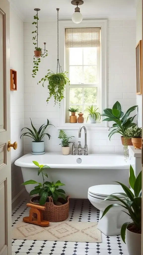 21 Stunning Scandinavian Bathroom Ideas You’ll Love 13 A Scandinavian bathroom with various indoor plants, a white bathtub, and natural light.