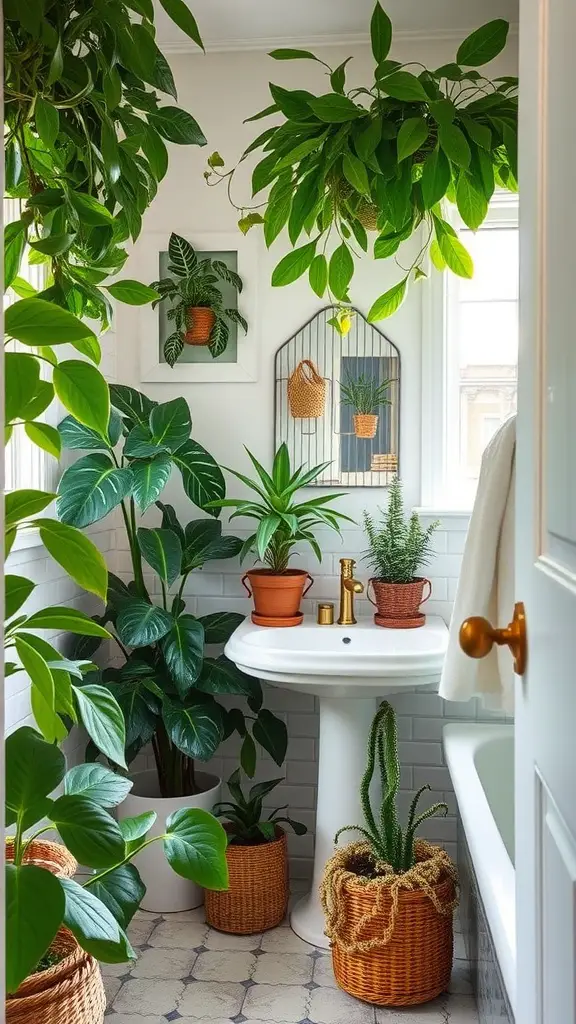 25 Charming Cottage Style Bathroom Ideas to Inspire Your Next Renovation 16 A bright bathroom filled with various indoor plants in pots and hanging planters, showcasing a fresh and inviting atmosphere.