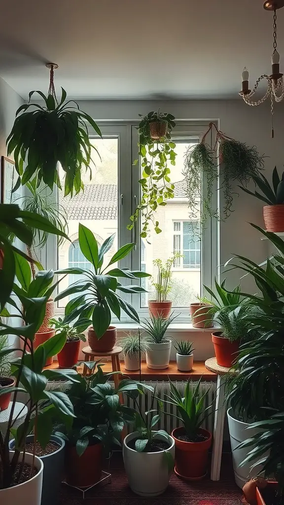 17 Cozy Maximalism Ideas to Transform Your Space 4 A sunny window filled with various indoor plants, creating a lively and cozy atmosphere.