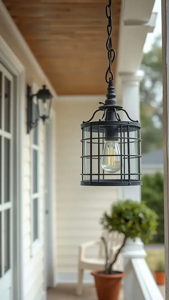 21 Creative Porch Light Ideas to Beautify Your Entryway 13 A black metal industrial-style hanging light fixture on a porch.