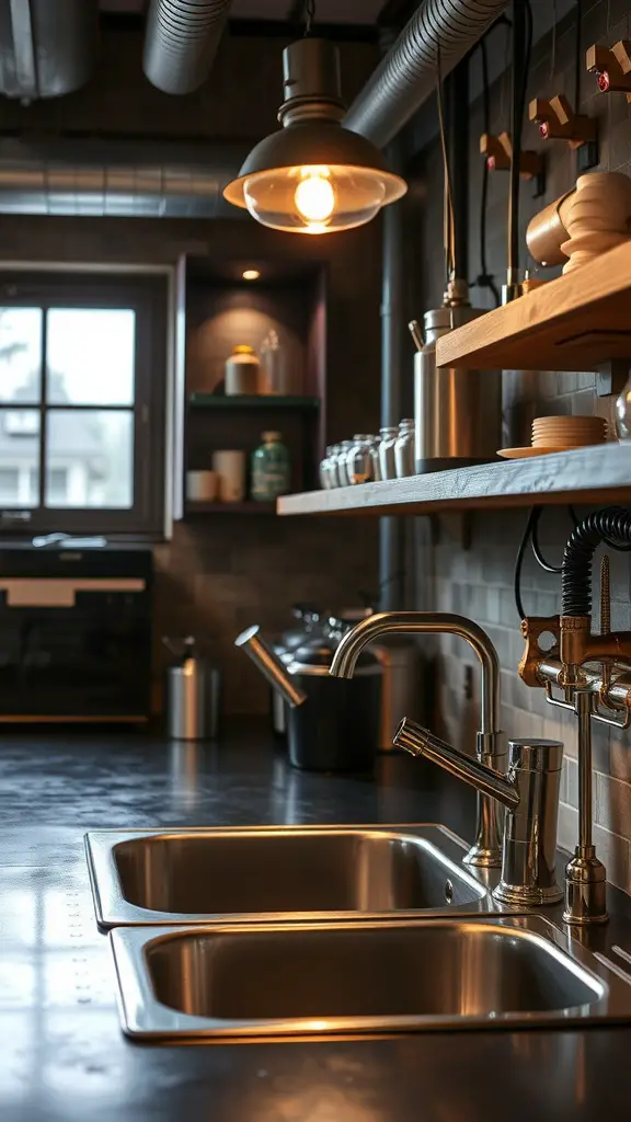 21 Stylish Above Sink Lighting Ideas for Your Kitchen 8 Industrial-style kitchen lighting fixture illuminating a sink area.