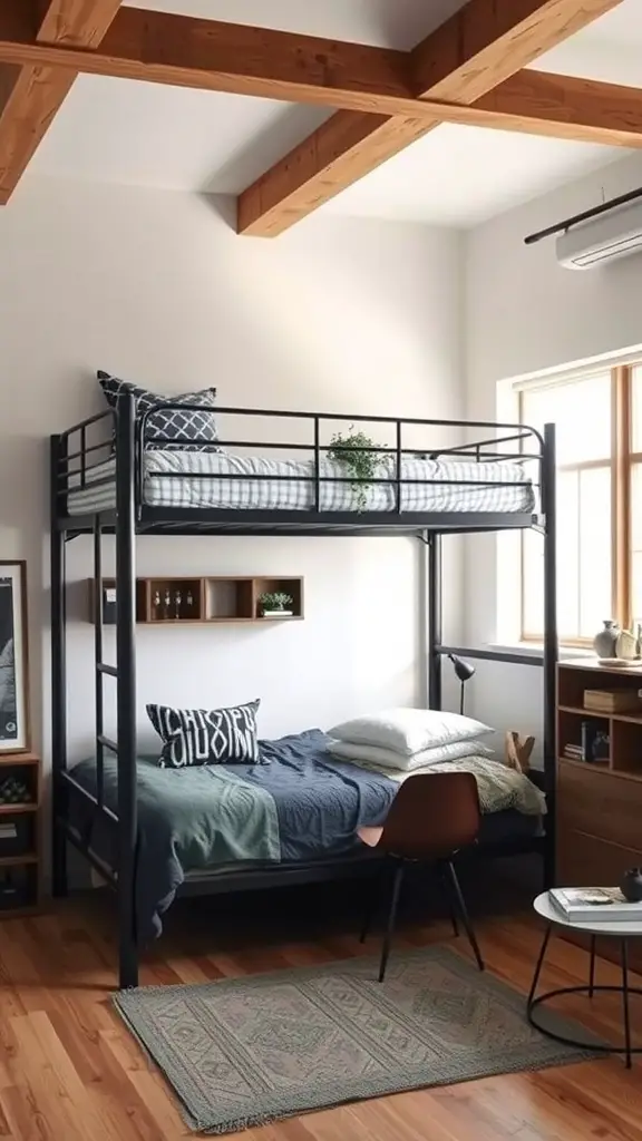 21 Creative Boys Dorm Room Ideas to Elevate Your Space 7 A boys' dorm room featuring an industrial-style loft bed with a cozy bedding setup underneath.