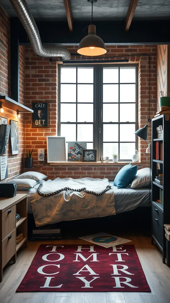 25 Stunning Luxury Dorm Room Ideas to Elevate Your Space 10 A stylish industrial loft-style dorm room featuring exposed brick walls, a cozy bed, and modern decor.