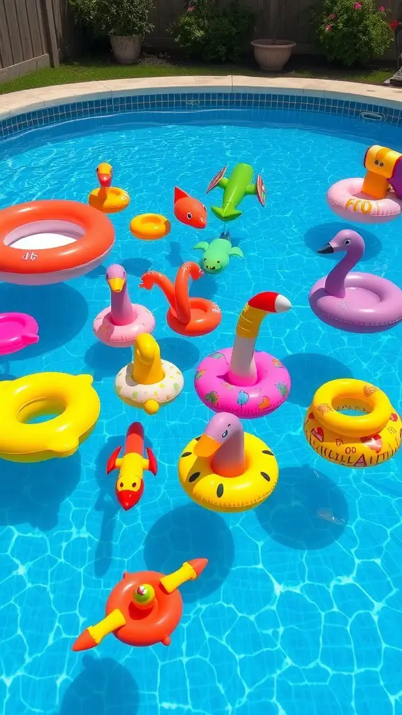 15 Creative DIY Pool Ideas to Transform Your Backyard 12 Colorful inflatable pool toys floating in a swimming pool