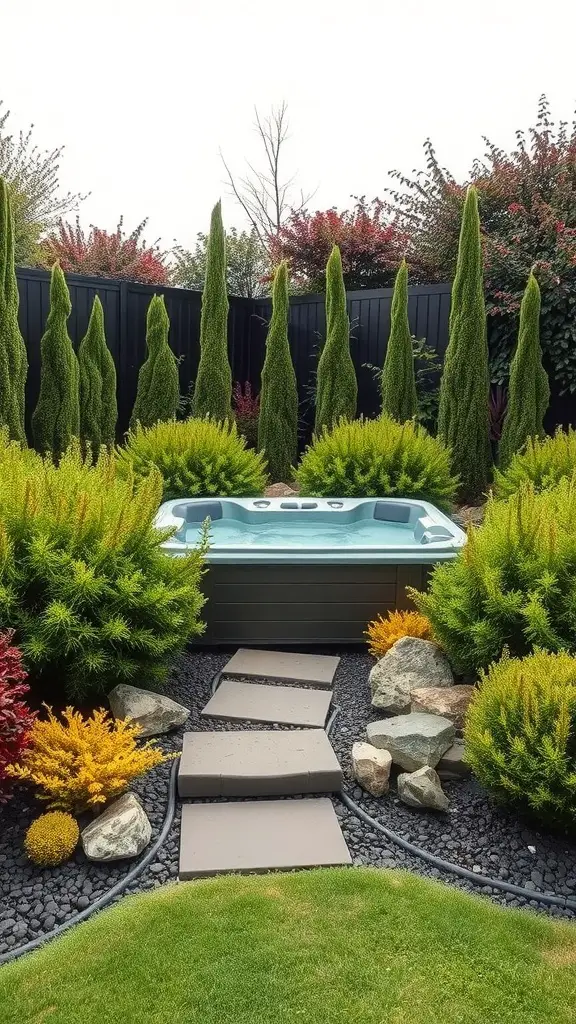19 Creative Hot Tub Privacy Ideas for Ultimate Relaxation 11 A serene hot tub surrounded by tall cypress trees and colorful plants, creating a private oasis.