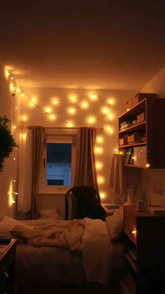 19 Stylish Dorm Room Ideas for Guys 11 A cozy dorm room with fairy lights hung on the walls, creating a warm glow.