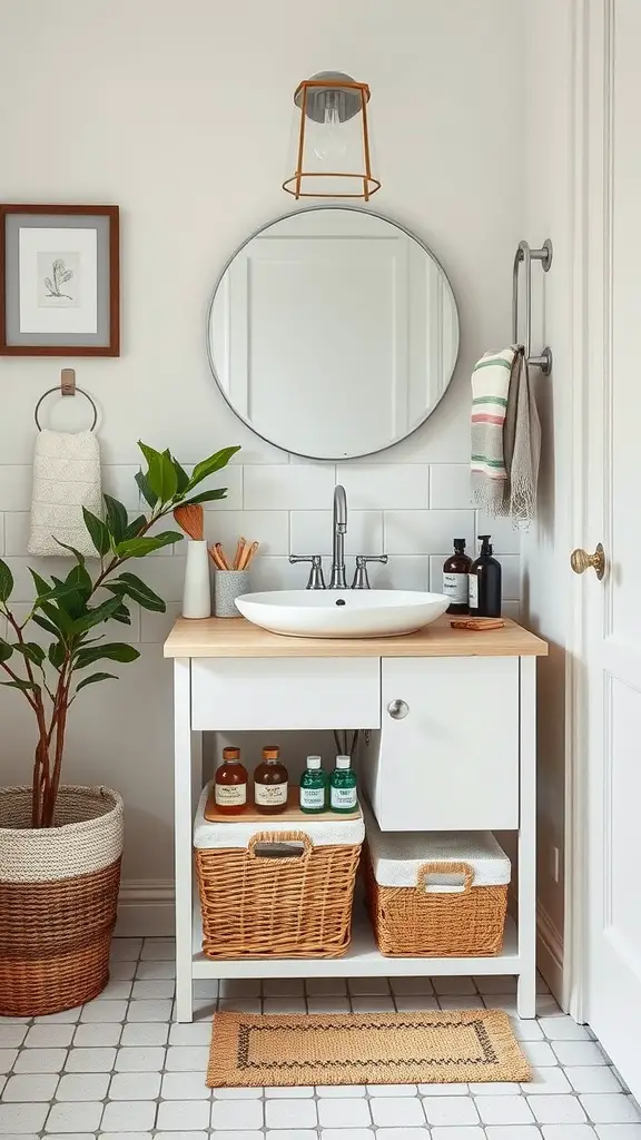 19 Stylish Small Main Bathroom Ideas to Maximize Space 15 A stylish bathroom vanity with storage baskets under the sink, showcasing an organized and modern design.