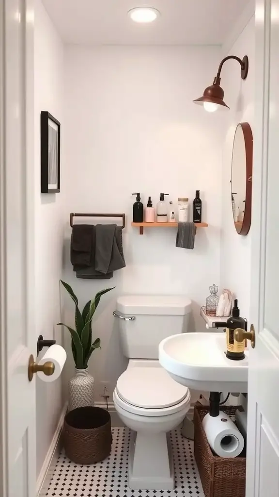 27 Clever Tiny Bathroom Ideas for Maximum Style and Functionality 17 A small bathroom featuring a toilet, sink, and stylish accessories including wooden shelves and a copper light fixture.