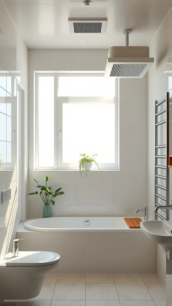 19 Creative Windowless Bathroom Ideas You’ll Love 6 A modern, windowless bathroom featuring a ceiling vent and a frosted window for ventilation and natural light.