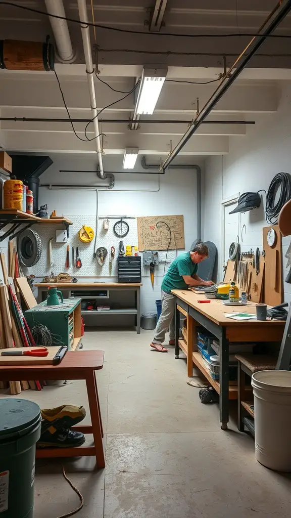 21 Cozy Basement Ideas for a Warm and Inviting Space 12 A cozy DIY workshop in a basement featuring a workbench, tools, and good lighting
