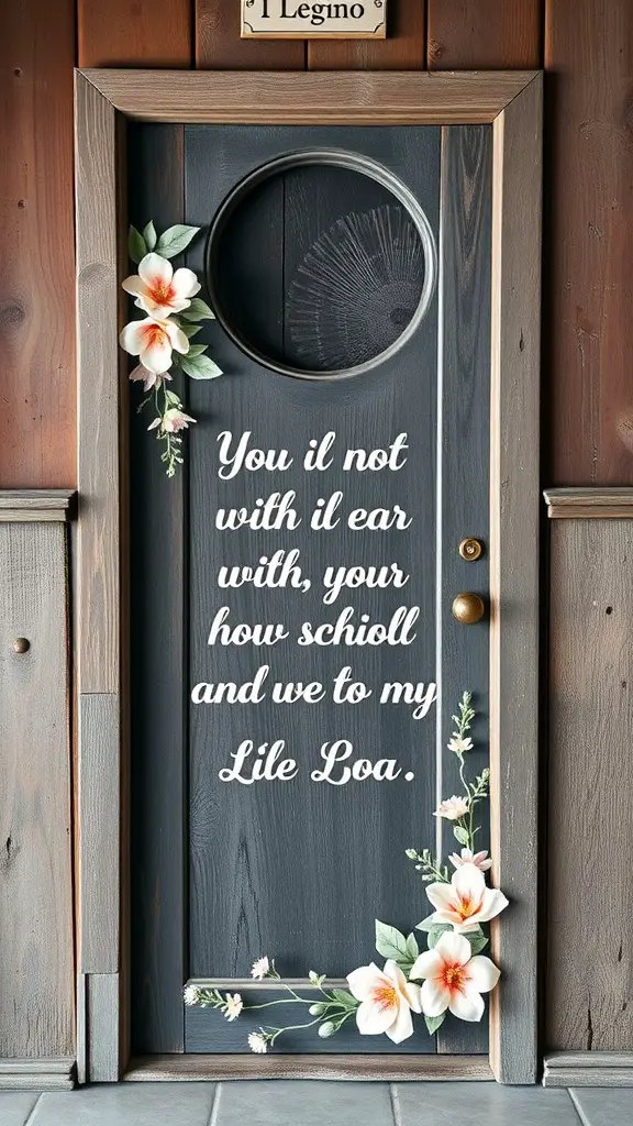 25 Creative Door Hanger Ideas to Customize Your Space 2 A decorative door with a floral design and an inspirational quote displayed on it.