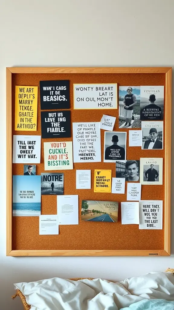 15 Adorable Dorm Room Ideas to Transform Your Space 5 A corkboard filled with inspiring quotes, images, and reminders in a dorm room setting.