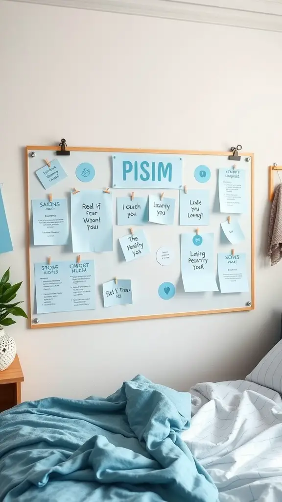 21 Charming Light Blue Dorm Room Ideas to Refresh Your Space 13 Light blue vision board with motivational notes in a dorm room setting