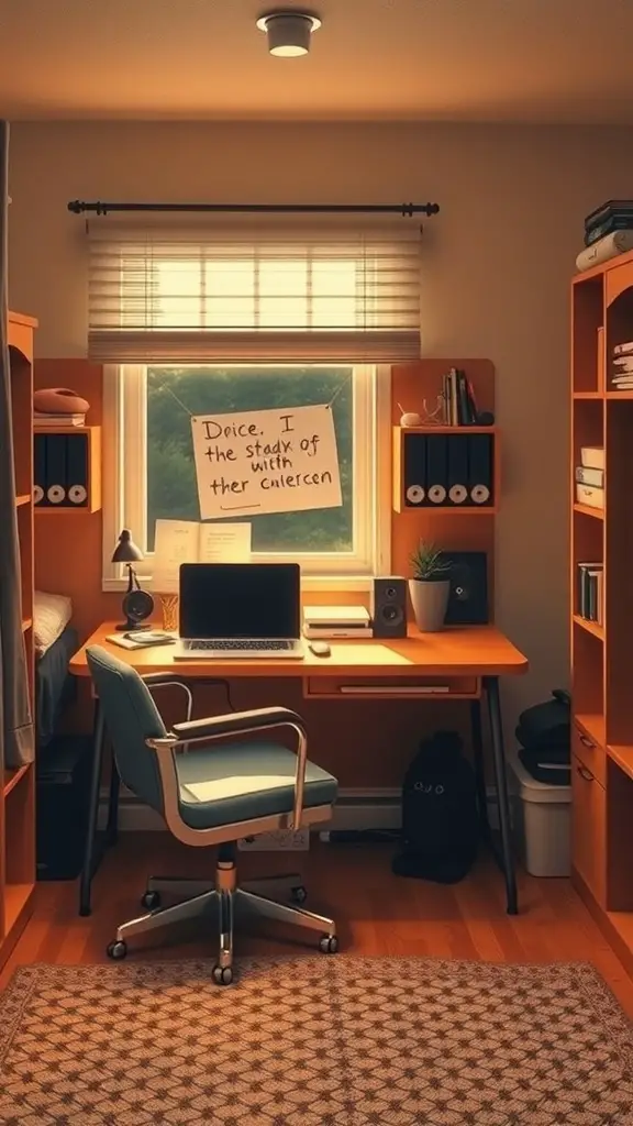 19 Stylish Dorm Room Ideas for a Cozy and Functional Space 8 A cozy study nook with a wooden desk, computer, and natural light from a window.