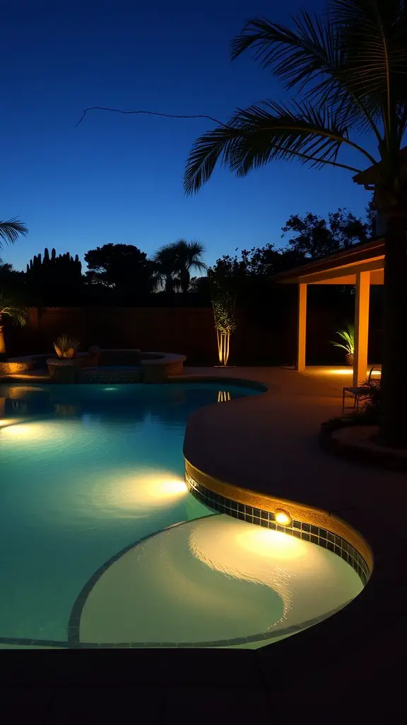 21 Creative Pool Patio Ideas to Elevate Your Outdoor Space 11 A beautifully lit pool area at night with integrated lighting features.