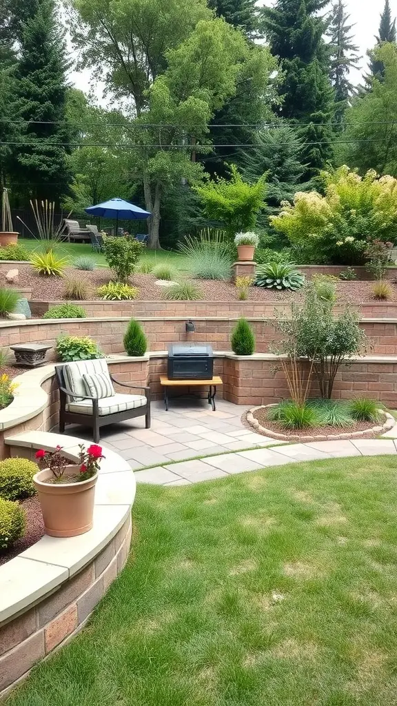 23 Inspiring Retaining Wall Steps for Your Sloped Backyard 17 A cozy outdoor seating area integrated with retaining walls in a sloped backyard.