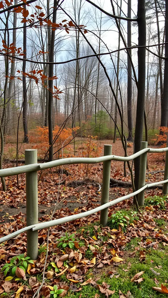 19 Creative Split Rail Fence Ideas for Your Outdoor Space 12 A split rail fence surrounded by trees and fallen leaves in a natural landscape.