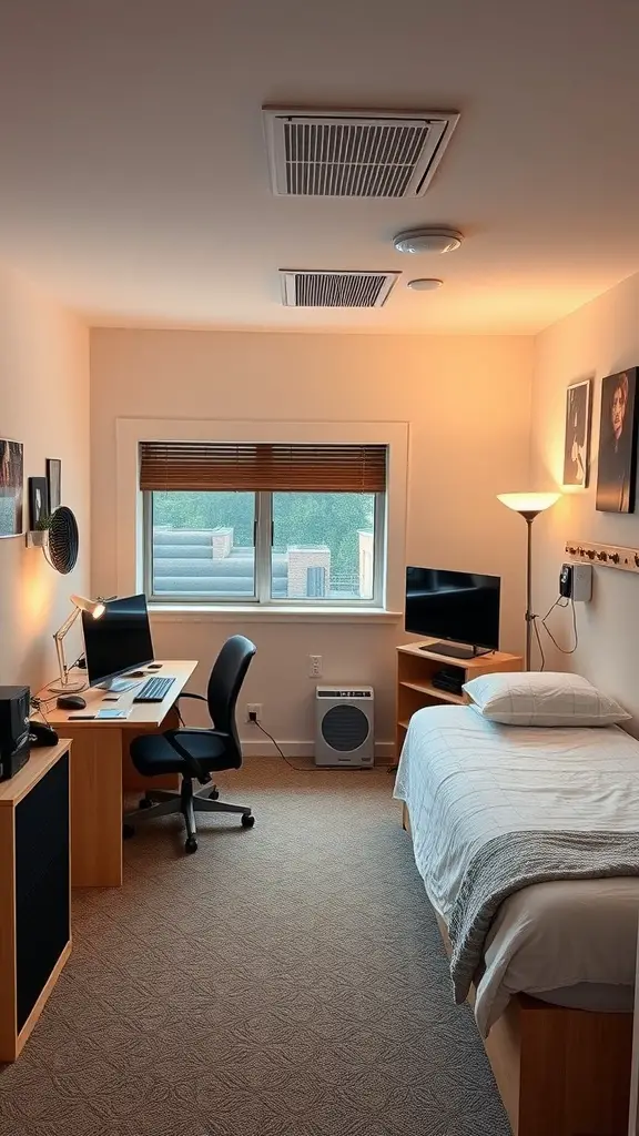 19 Creative Dorm Layout Ideas to Maximize Your Space 17 A modern dorm room with a desk, computer setup, and a bed, showcasing an organized and tech-friendly living space.