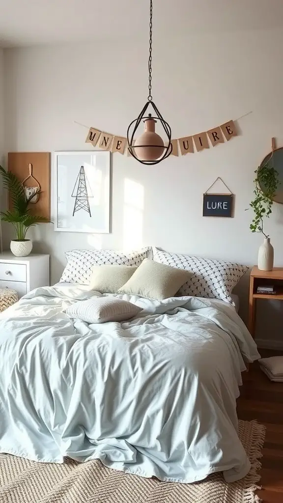 23 Trendy Dorm Bedding Ideas for a Stylish Space 12 A cozy dorm room with light blue bedding, patterned pillows, and stylish decor.