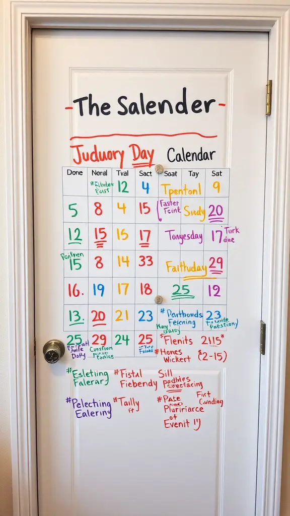 21 Creative Dorm Door Decoration Ideas for a Personal Touch 17 A colorful interactive calendar on a dorm door with various events and reminders written on it.