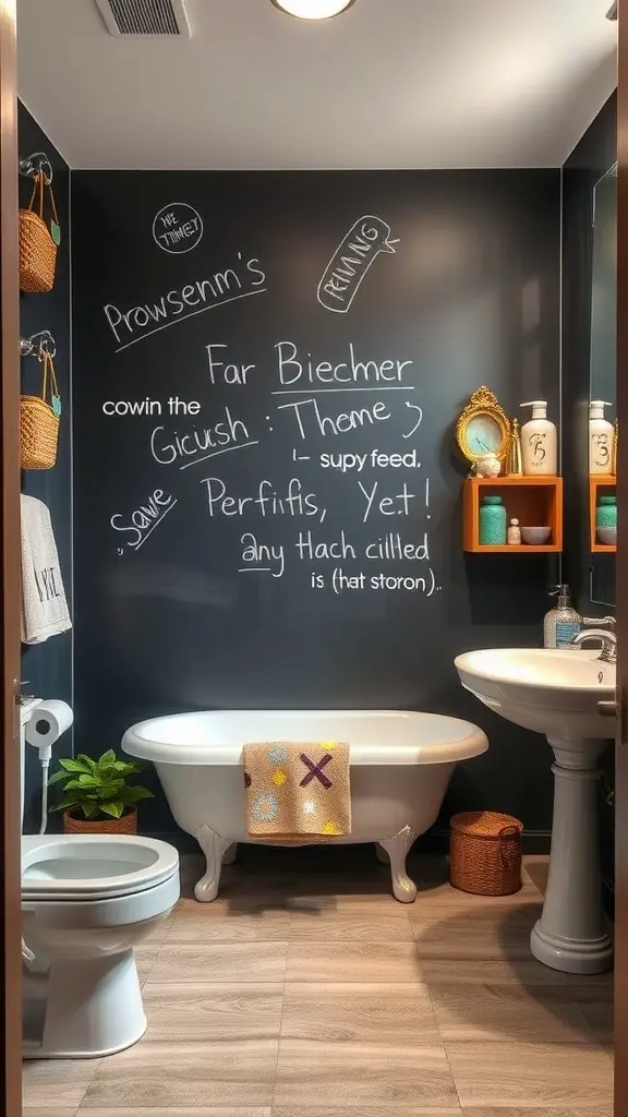 29 Funky Bathroom Ideas to Transform Your Space 12 A funky bathroom with a chalkboard wall, clawfoot tub, and colorful towel