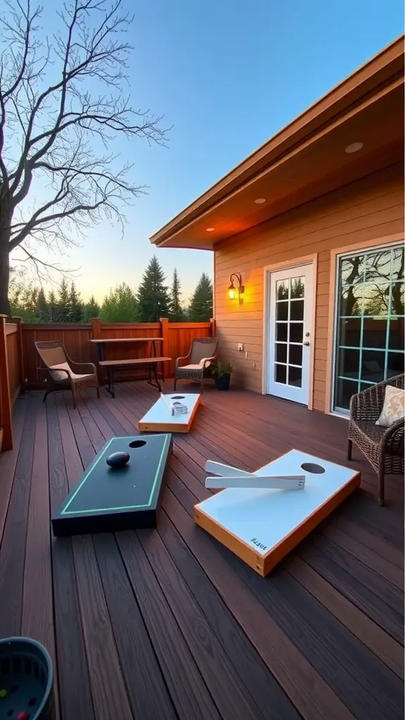 19 Inspiring Front Deck Ideas You'll Love 10 Outdoor games zone with cornhole boards on a deck