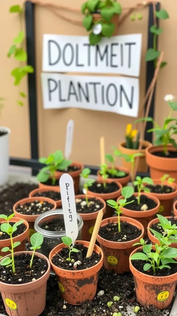 23 Adorable Garden Baby Shower Ideas You Need to Try 6 An interactive planting station with small pots, labeled seedlings, and a guiding sign.