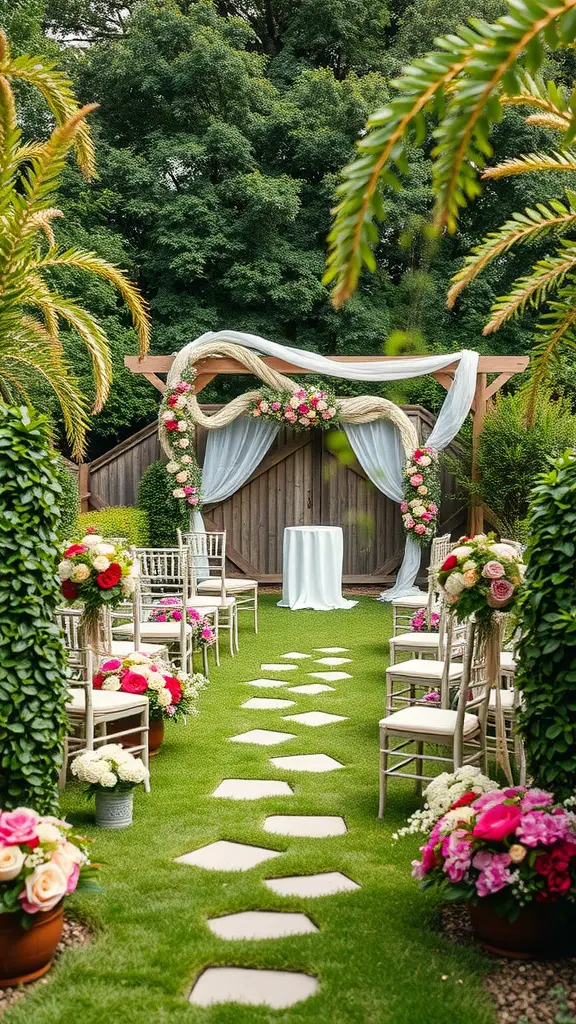 23 Charming Small Backyard Wedding Ideas for Your Dream Celebration 8 An intimate garden wedding setup with an arch and floral arrangements.
