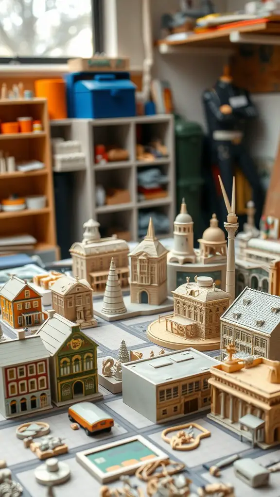 23 Creative Clay Art Ideas to Inspire Your Next Project 13 A collection of intricately designed clay miniature models of buildings and structures arranged on a table.