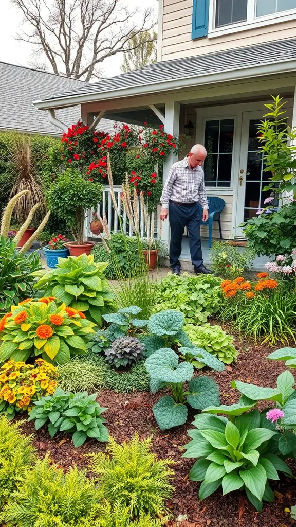 13 Creative Front Yard Landscaping Ideas to Enhance Your Curb Appeal 10 A colorful front yard garden with various plants and flowers, showing a man tending to it.