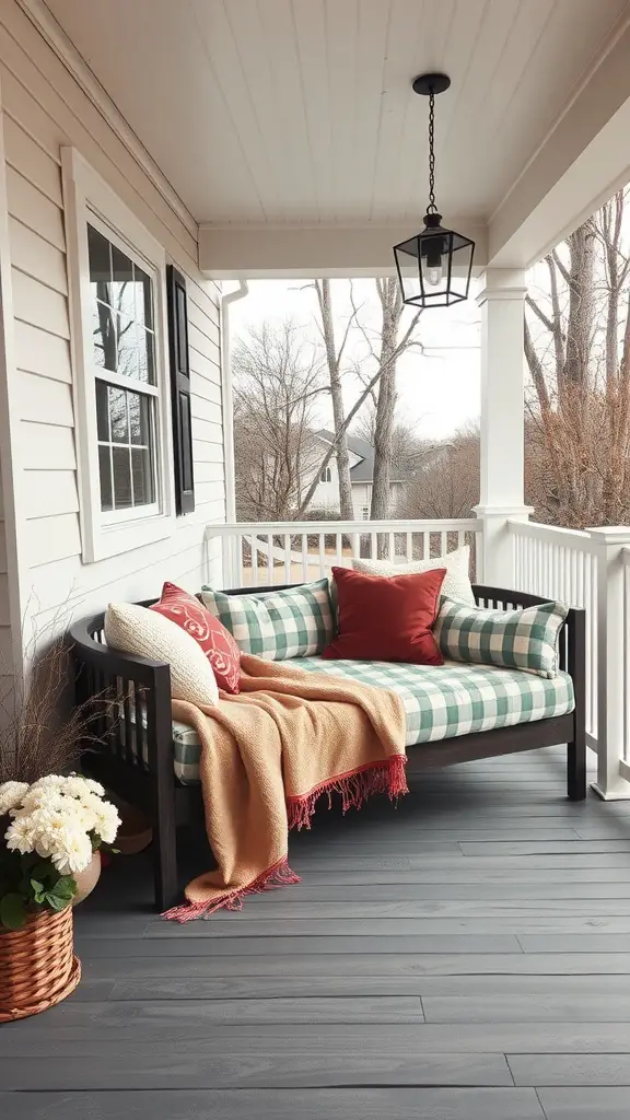 19 Charming Front Porch Seating Ideas for a Cozy Outdoor Vibe 10 A cozy front porch featuring a plaid daybed with pillows and a throw blanket, surrounded by a flower basket and a stylish lantern.