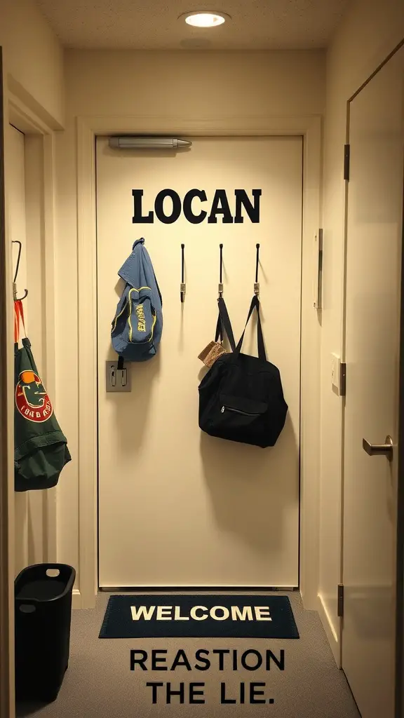 19 Stylish Dorm Room Ideas for a Cozy and Functional Space 17 A dorm room entryway with a door labeled 'LOCAN,' hooks for bags, a 'WELCOME' mat, and a trash bin.